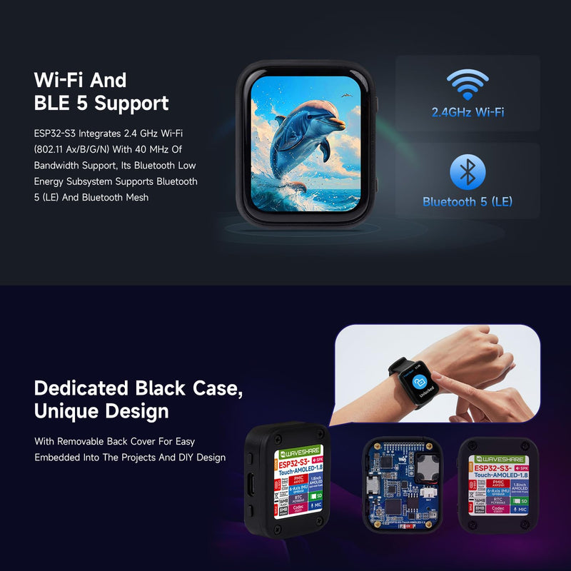 Waveshare ESP32-S3 1.8inch AMOLED Touch Display, Embedded with SH8601 Display Driver and FT3168 Capacitive Touch Chip, ESP32 with Display,32-bit LX7 Dual-core, 368×448 Pixels, Without Lithium Battery