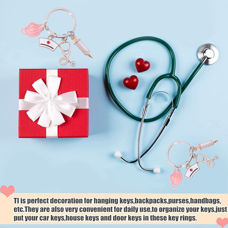 WOOXDYUK Nurse Keychain Novelty Stethoscope Syringe Love Heart Metal Keyring Hanging Pendant for Doctor Nurse Gifts for Friends Pink