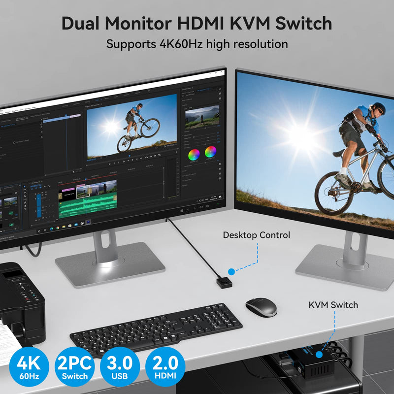 HDMI KVM Switch 2 Monitors 2 Computers 4K@60Hz USB 3.0 Dual Monitor KVM Switch 2 Ports for 2 PC Share 2 Screens and 4 USB Devices for Keybord Mouse Printer with Desktop Controller HDMI 2 PC 2 Monitors Deep Blue