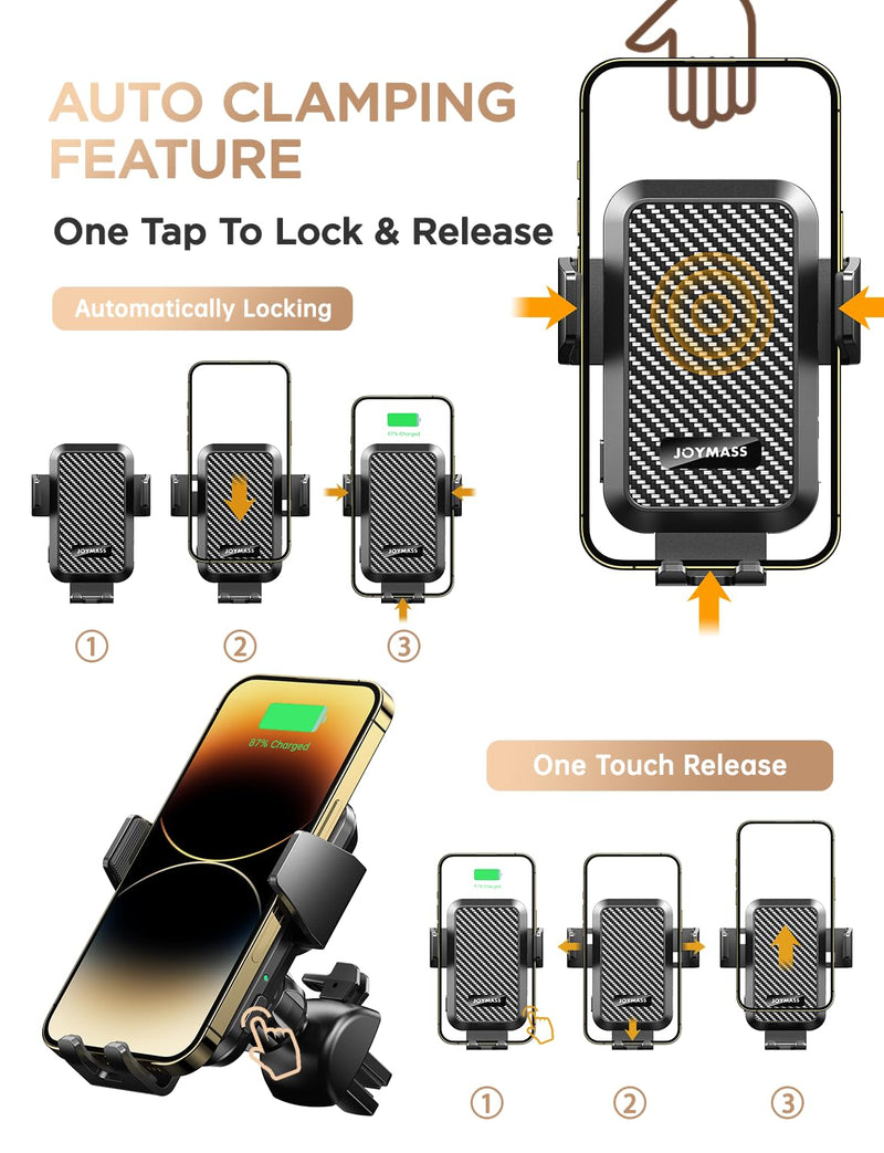 Wireless Car Charger, JOYMASS 15W Fast Charging Auto Clamping Car Charger Cell Phone Holder Mount Vent for iPhone 15 14 13 12 Mini Pro Max 11 XR XS X, Samsung Galaxy S23 Ultra S22 S21+ Note 20, etc BLACK