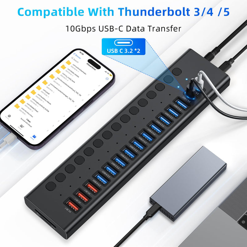 Powered USB Hub 10Gbps, 17 Ports 96W USB 3.2 Hub(10 USB-A 3.2 Ports+3 QC 24W Fast Charging Ports+2 USB-C 3.2 Ports+SD/TF Card Reader), 12V/8A Power Adapter for Laptop, PC, Computer, HDD,Flash Drive Black