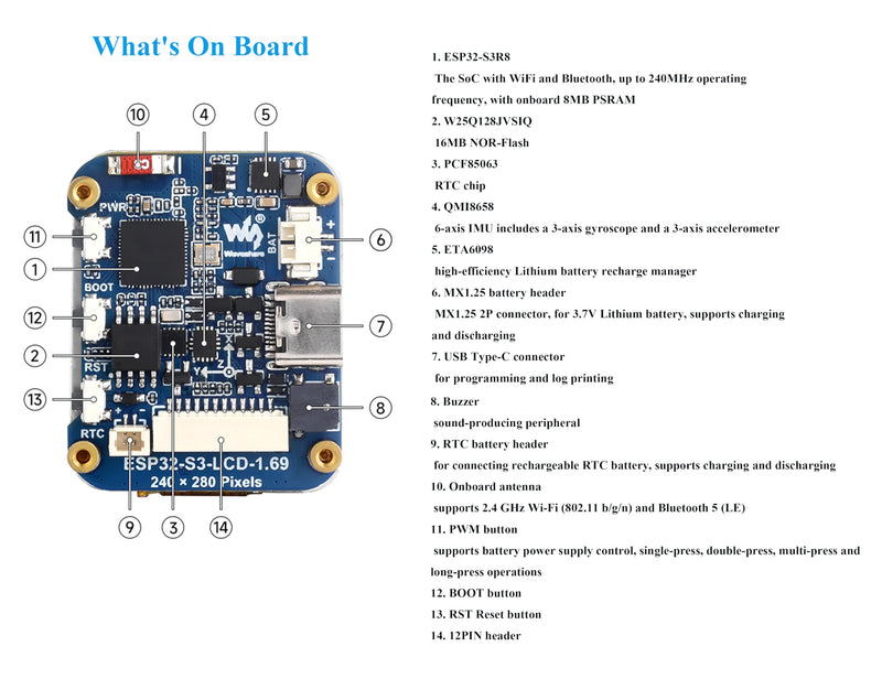 ESP32-S3 Development Board with 1.69inch IPS Display 240×280 Pixels 262K LCD,240MHz Dual-Core Processor, Accelerometer and Gyroscope Sensor, Support W-iF-i/Blue-Too th, Suitable for Various Scenarios