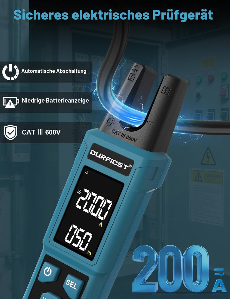 DURFICST Current Clamp TRMS 4000 Counts, Current Meter with 200 A AC/DC & 600 V | Digital clamp ammeter with NCV, capacity measurement, continuity test, temperature measurement