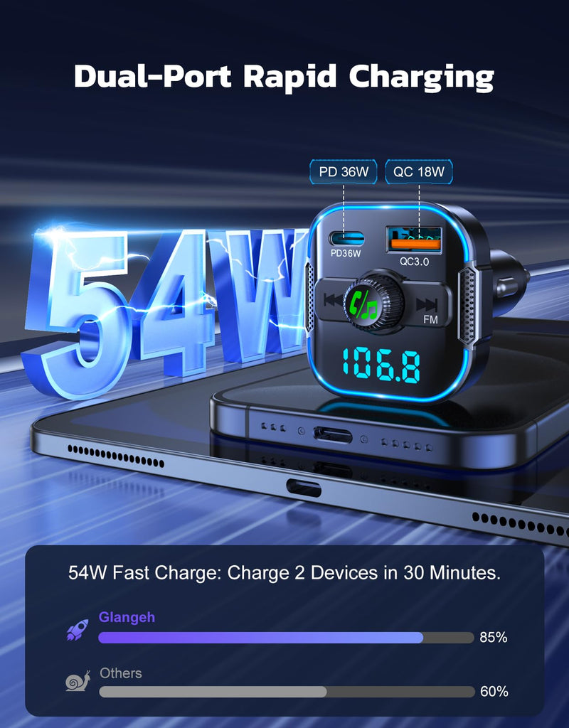 2024 Upgrade Bluetooth 5.3 Car Adapter【PD 36W+QC3.0 18W】, 2-in-1 FM Transmitter 【Dual Stronger Mics】& Fast Car Charger, Wireless Car Radio Adapter Hands-Free Car Kit, Siri Assistant Player