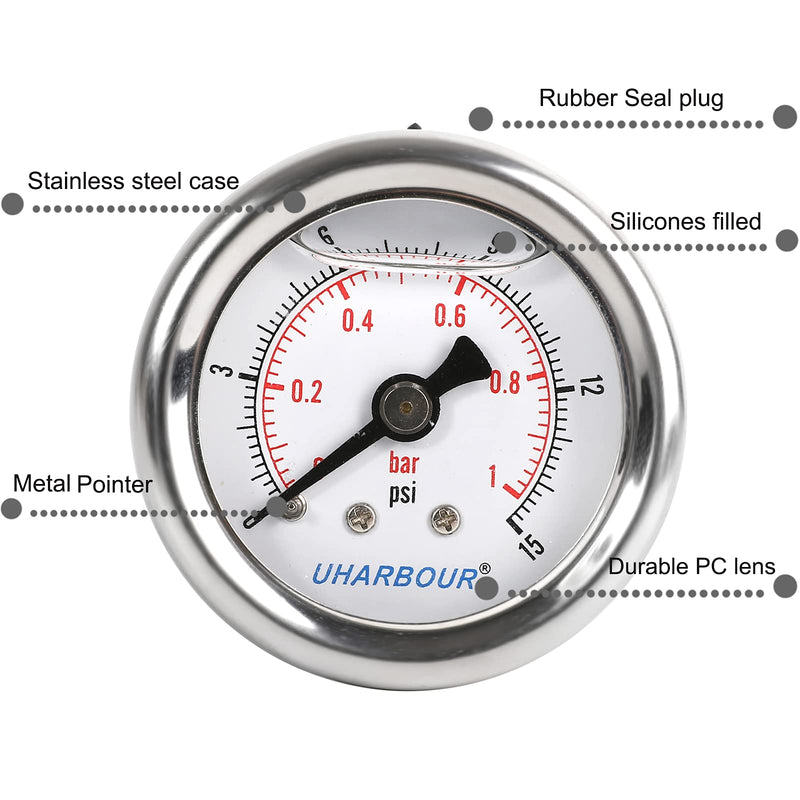 Glycerin Filled Pressure Gauge with 304 Stainless Steel Case, 1-1/2" Dial Size, 0-15Psi/Bar, High Accuracy, 1/8"NPT Center Back Mount…