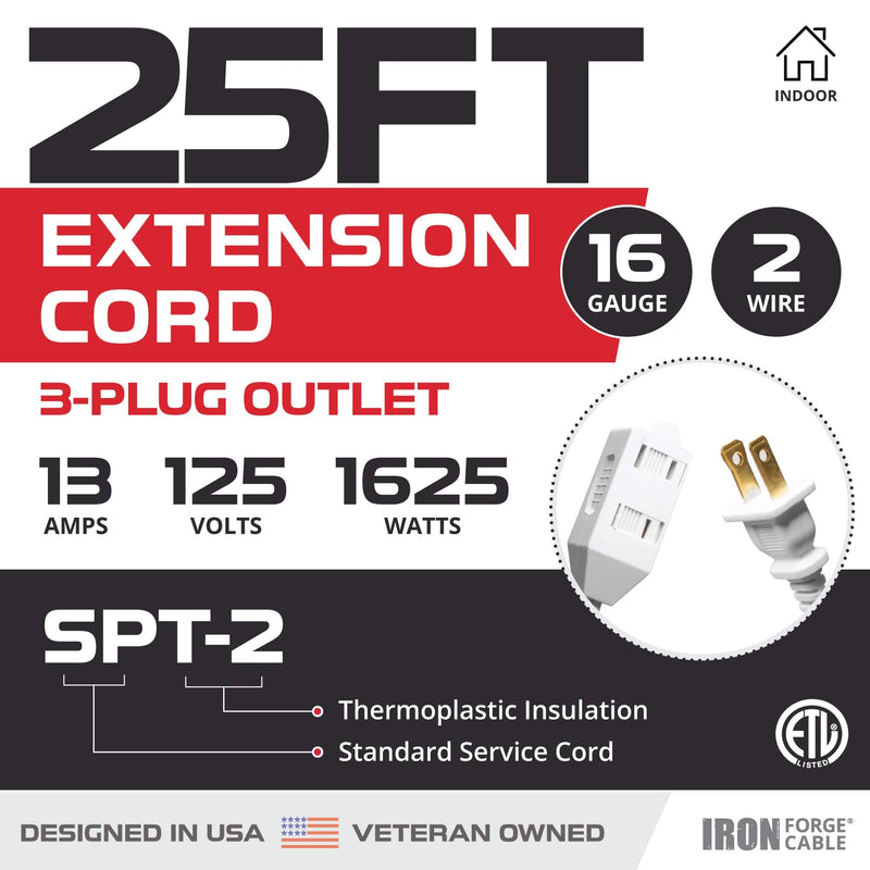 Iron Forge Cable 2 Pack 25 ft White Extension Cord with 3 Outlets - 16/2 SJTW 2 Prong Indoor Extension Cord with Multiple Outlets 25 Foot