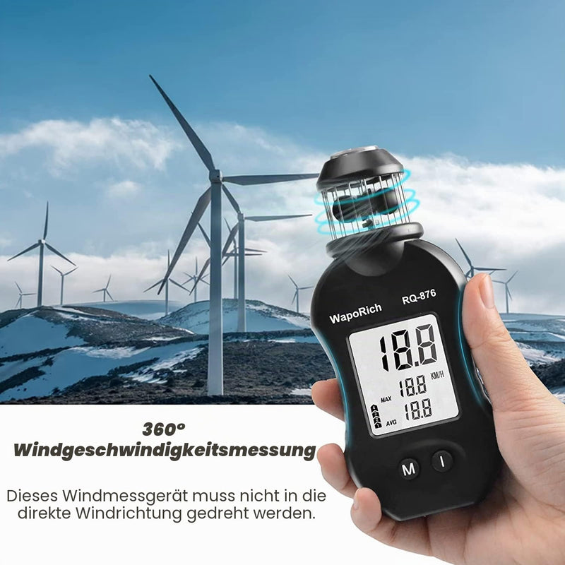 Mini Wind Gauge, 360° Cup Anemometer Handheld Wind Gauge Measures Wind Speed 0.7-42m/s with Compass for Sailing, Hunting, Drone Flight RQ-876
