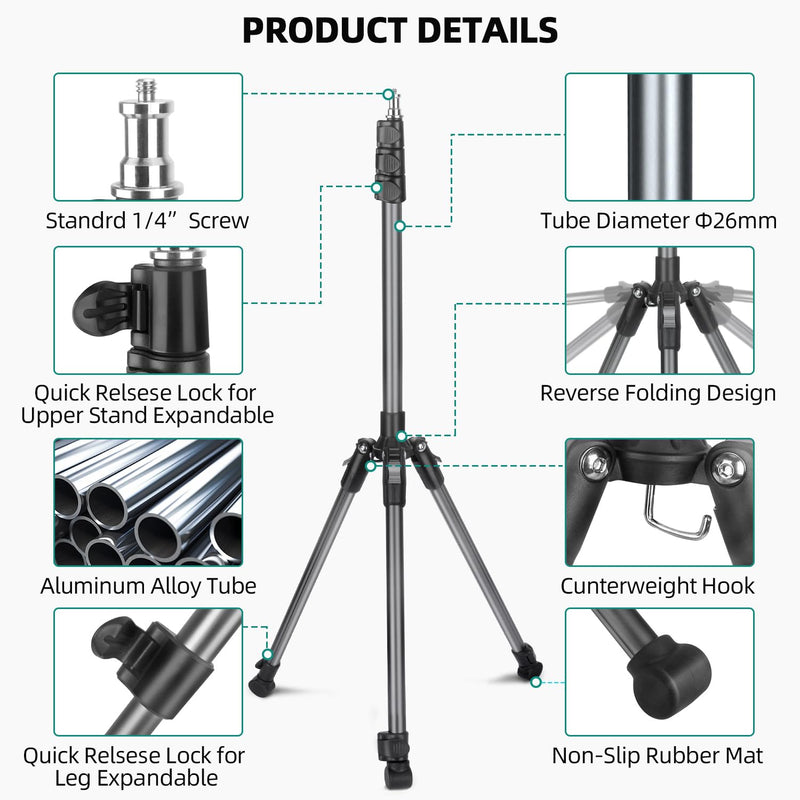 Extendable Photography Light Stand, Adjustable 6.6ft/2m Aluminum Light Tripod Stand for Travel, Reversible Portable Studio Lighting Tripod for Ring Light Camera Flash Light Strobe Light Webcam Softbox