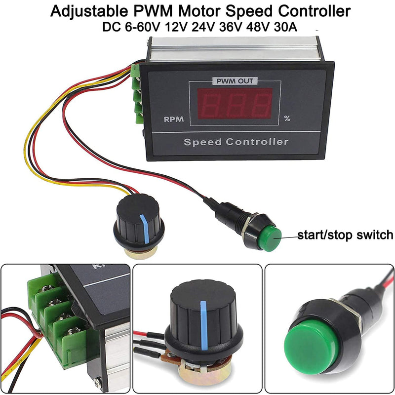 Greluma 1PC DC 6-60V 12V 24V 36V 48V 30A Adjustable PWM Motor Speed Controller Digital Display DC Motor Control Regulator with Start Stop Switch DC motor speed controller 2-1