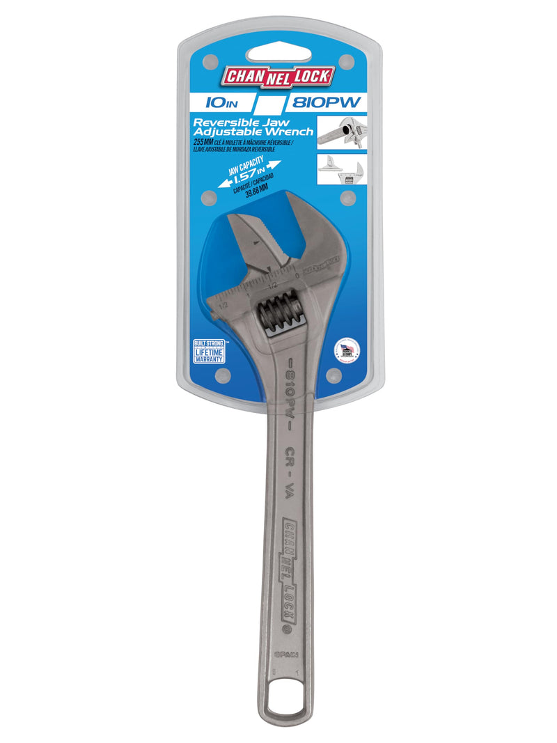 Channellock Adjustable Wrench 810PW - Reversible Jaw, Pipe Wrench Function - 10 In.