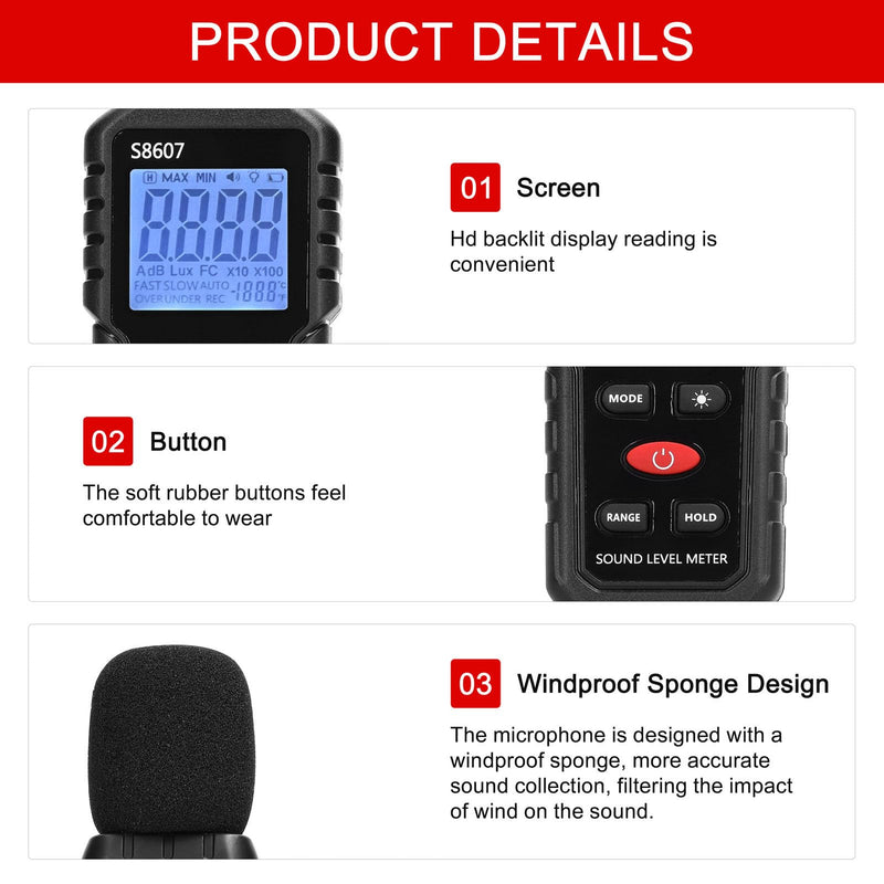 Decibel Meter, S8607 Digital Sound Level Meter 30-130 dB with LCD Display with Backlight MAX/MIN, Portable SPL Meter with Data Storage, High Precision
