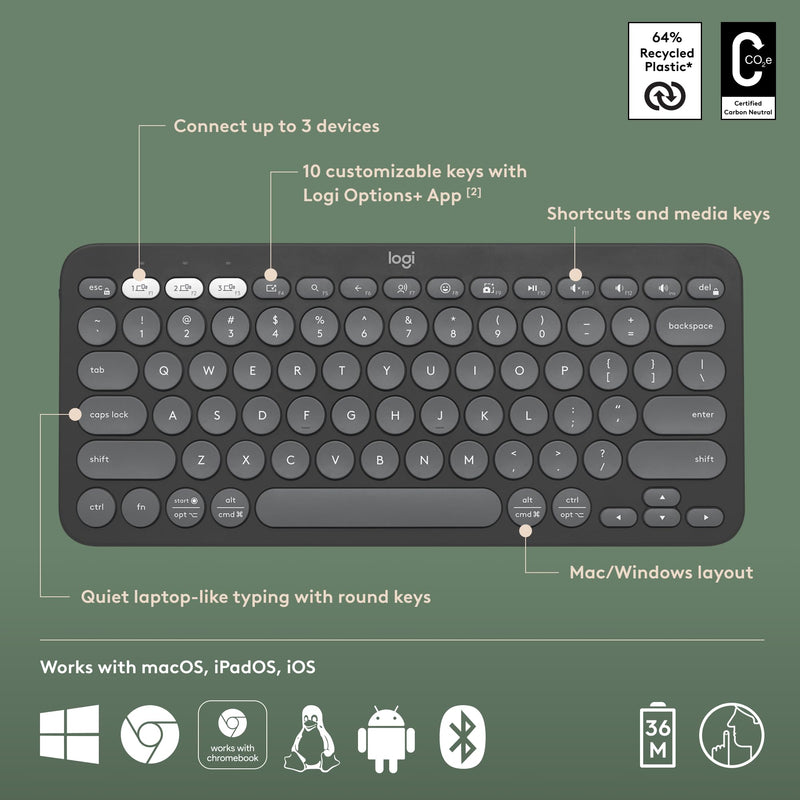 Logitech Pebble Keys 2 K380s, Multi-Device Bluetooth Wireless Keyboard with Customizable Shortcuts, Slim and Portable, Easy-Switch for Windows, macOS, iPadOS, Android, Chrome OS - Tonal Graphite