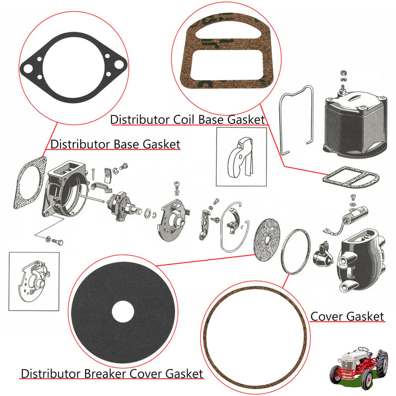 9N12104 Distributor Gasket 4 Piece Set,Compatible with Ford/New Holland Tractor 2 N, 8 N, 9 N