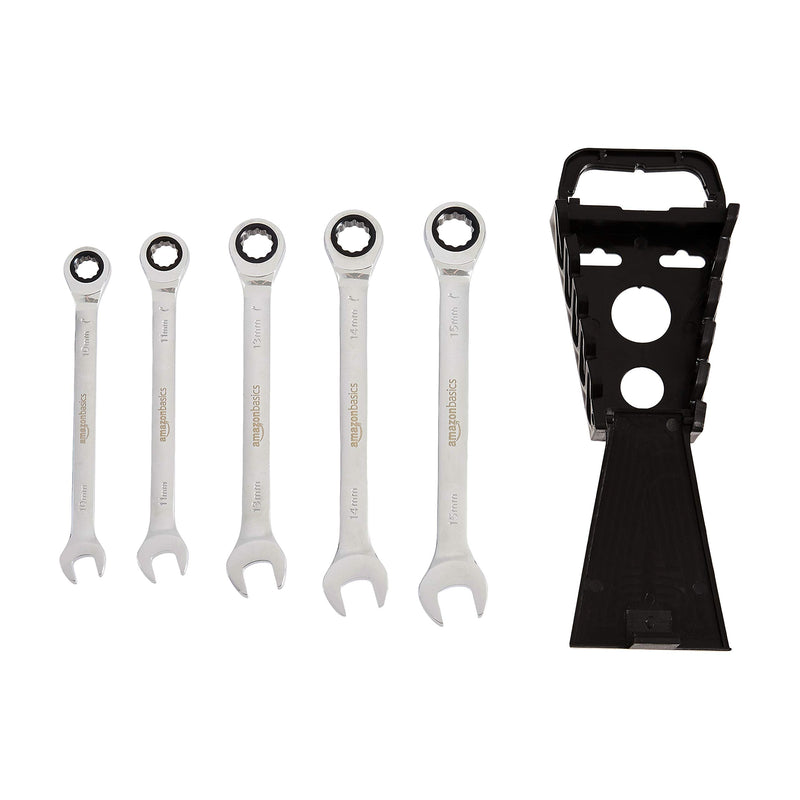 Amazon Basics Ratcheting Wrench Set, Metric, 5 Piece, Black/Silver