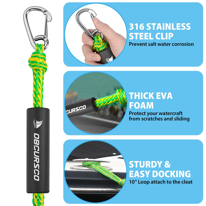 Obcursco Bungee Dock Lines for Boat, Docking Rope with 316 Stainless Steel Clips, Accessories for Jet Ski, PWC, SeaDoo, Pontoon, Center Console, Sets of Two(4ft & 6ft) (Green/Yellow) Green/Yellow