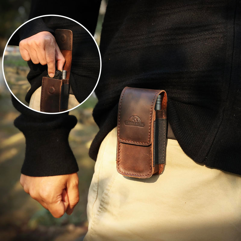 Topstache Leather Multitool Sheath for Belt - EDC Belt Organizer for Leatherman, Gerber - Magnetic Closure Multitool Holster Pouch Fits Folding Tool - Leather Multi Tool Case, M, Darkbrown Medium