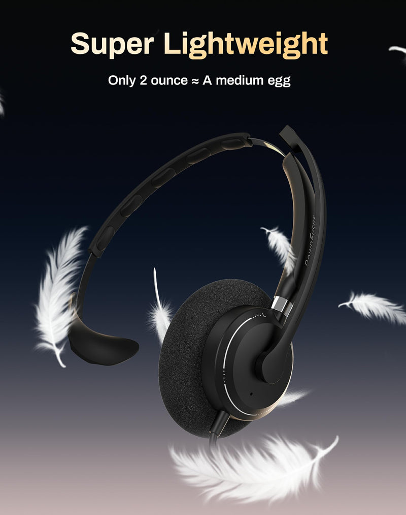 R06S Mono Wired USB Headsets for PC with Noise-Cancelling Microphone, Call Answer Button for MS Teams & IP Phones, Lightweight Design & Memory Foam Cushions for All-Day Comfort (Black) Black