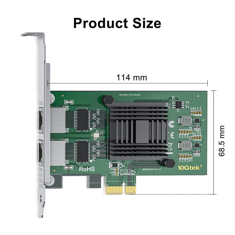 10/100/1000Mbps Gigabit Ethernet Network Interface Card (NIC) Dual Copper RJ45 Ports, with Intel 82576 Chip, Equivalent to Intel E1G42ET, PCIE 2.0 X1, Support Windows/Windows Server/Linux/VMware ESX Intel 82576EB, 2x RJ45