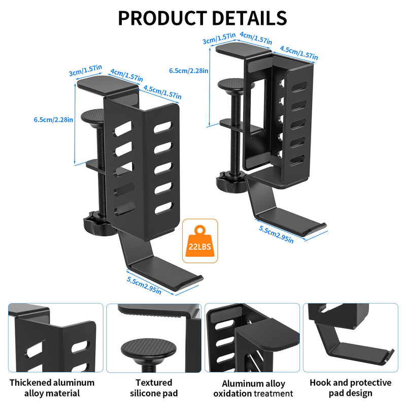 Adjustable Desk Side Laptop Holder with Headphone Stand - No Drill Clamp Organizer for Laptops, Tablets, Keyboards (Black) - Sturdy Steel & Silicone Pad Protection Black