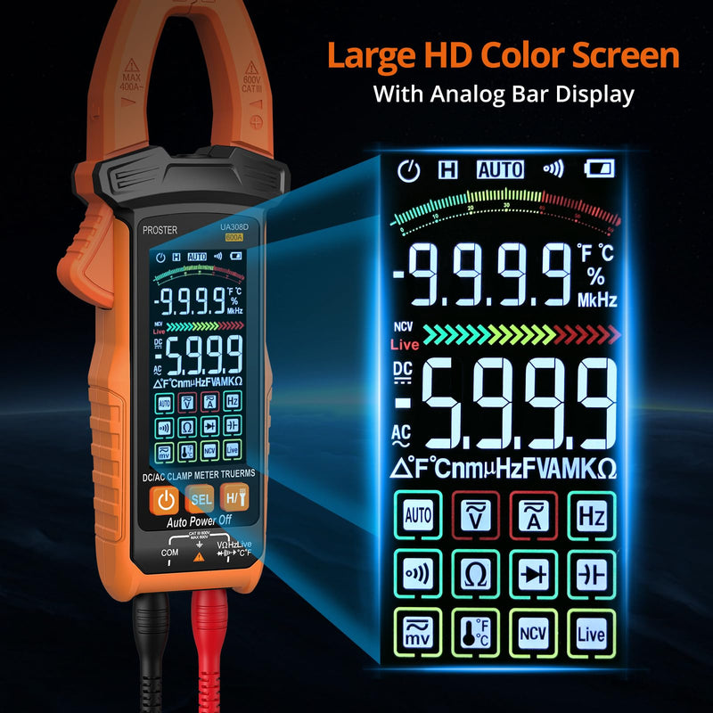 Proster Digital Clamp Meter - 600A DC AC Current 600V AC DC Voltage NCV Continuity Capacitance Resistance Frequency Diode Hz Test