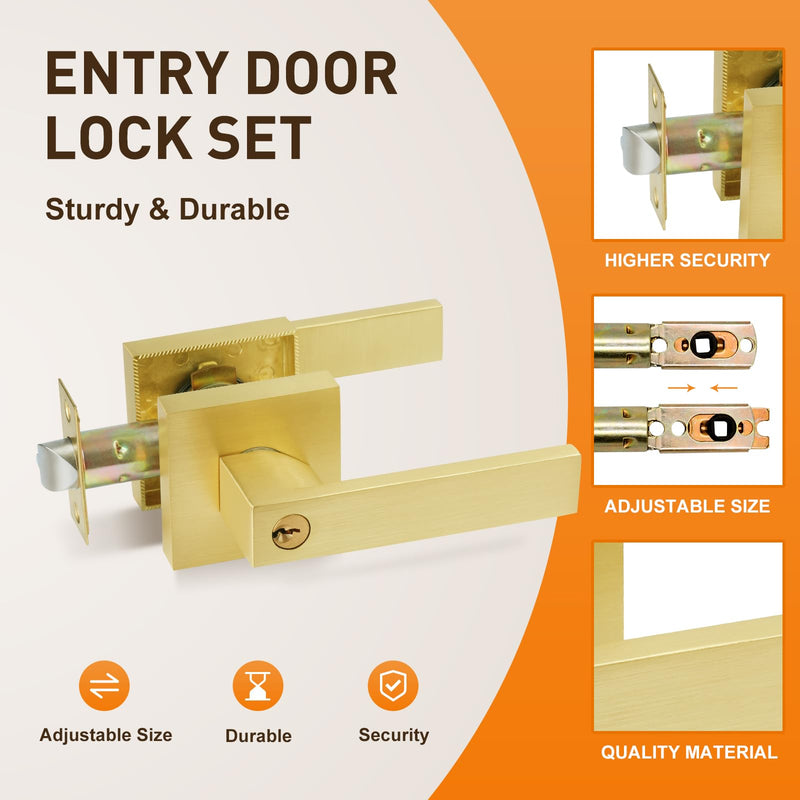 JO.KO Golden Door Handles with Lock and Keys,Brushed Golden Door Knobs | Satin Brass Door Handle Set,Interior / Exterior Door Lever for Bedroom Bathroom,Front Doors 1 Pack Polished Brass
