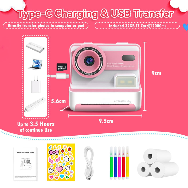 Instant Print Camera for Kids Toddler Camera Print for Girls Boys Age 3-12 2.4 Inch Screen 1080P Selfie Toddler Cameras for Children Birthday Gifts with 3 Rolls Print Paper & 32G Card(Pink) Pink