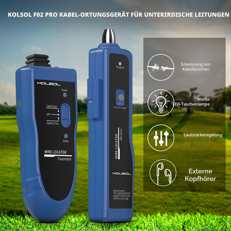Earth Cable Detector, Cable Tester F02 Pro for Cable Detector, Locate Control Wires, Pet Fence Cable, Up to 3 Metres Deep 2000 Metres Length, Equipped with Rechargeable Battery