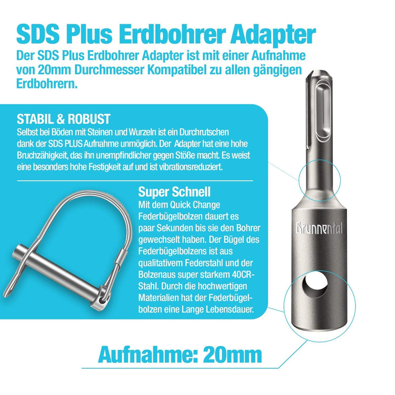 BRUNNENTAL ® SDS PLUS earth drill adapter + quick change bolt for hand drill - use your hammer drill as a well drill - earth hole drill adapter for drills with Ø 40 60 80 100 120 150 mm SDS Plus earth drill adapter + quick change