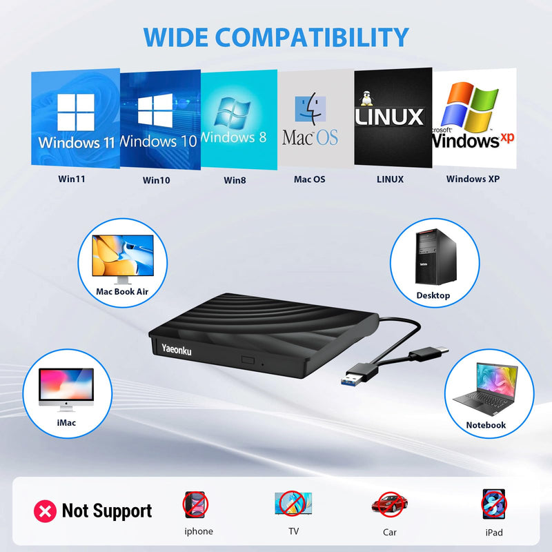 External Blu Ray Drive, USB 3.0 Type-C 3D Bluray CD DVD BD Reader Player Slim Optical Bluray CD/DVD Burner for MacBook Laptop Desktop PC Compatible with Mac OS Windows XP/7/8/10/11 External Blu Ray Drive