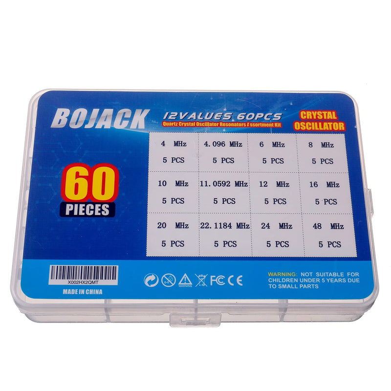 BOJACK 12 Values 60 Pieces Quartz Crystal Oscillator 4MHz, 4.096MHz, 6MHz, 8MHz, 10MHz, 11.0592MHz, 12MHz, 16MHz, 20MHz, 22.1184MHz, 24MHz, 48MHz Crystal Resonators Assortment Kit