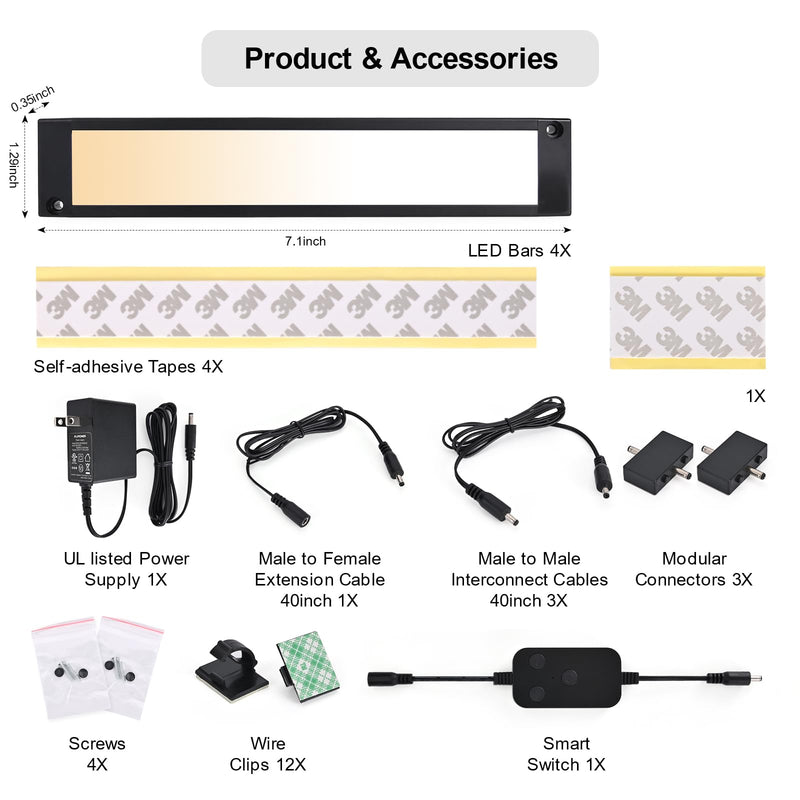 4pack 7inch Dimmable LED Kitchen Light Kit, 2700-6000K Smart Closet Cabinet Lighting Fixture APP Control, Work with Alexa, Google Assistant, for Under Counter, Garage, Pantry (Black) Black