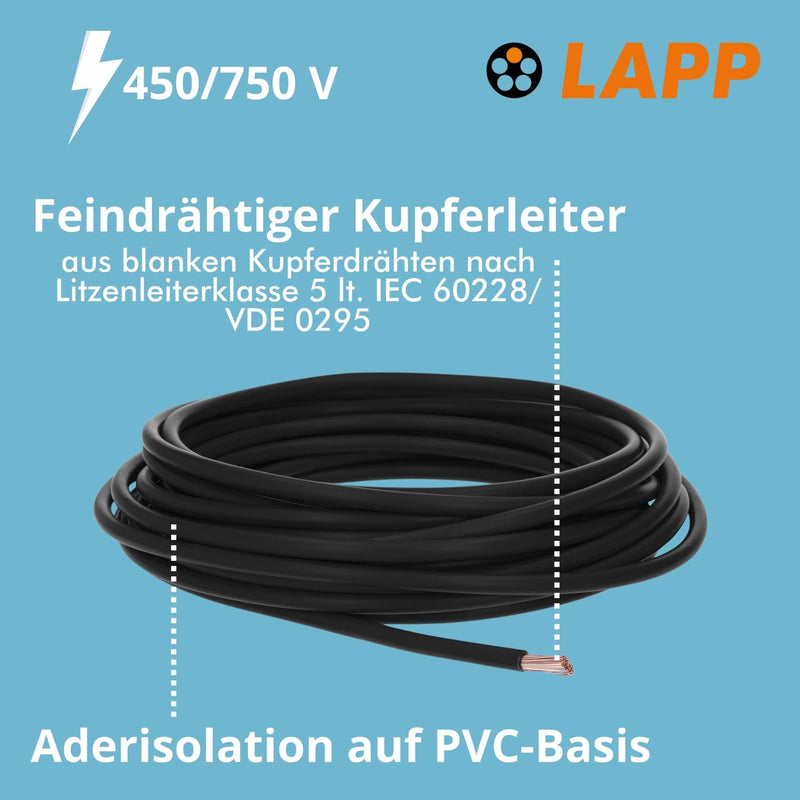 5 meters Lapp 4520015 H07V-K 10 mm² black I wiring cable I flexible core cable I PVC single core I stranded wire 10mm2 I wiring