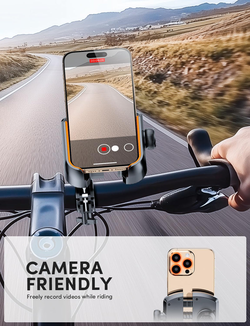 Phone Holder for Bike Handlebar, Motorcycle Mounts for Smartphone [Camera Friendly] Electric Bicycle Scooter Phone Clip Rotatable ebike Stand Clamp Compatible with iPhone Samsung Galaxy