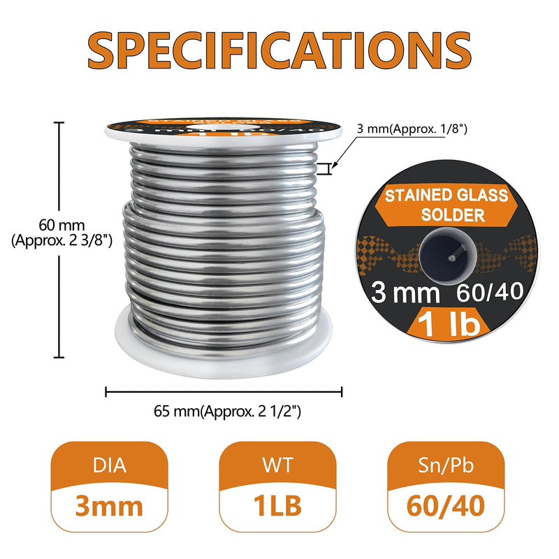 60/40 Solder for Stained Glass, 1/8"(3mm) Dia, 2 lb Pack, Supplied by ANOSON