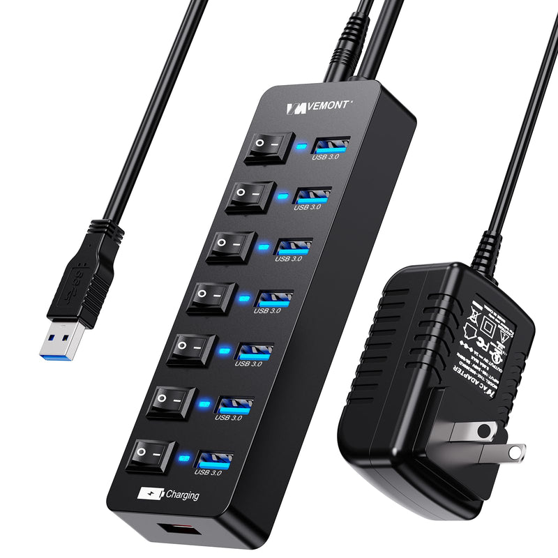 Powered USB Hub 3.0,VEMONT 7 Ports Multi USB hubs and 1 USB Smart Charging Port with 5V/3A Power Supply,USB Extension Splitter with Individual On/Off Switches and 4ft/1.2m Long Cable for PC/Laptop Black