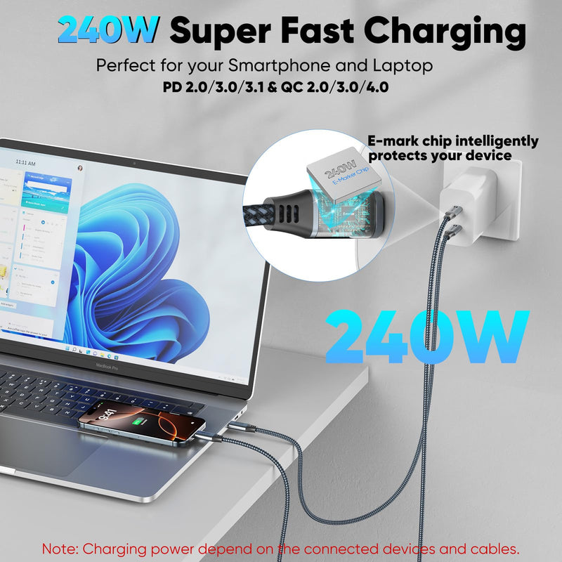 USB C to USB C Cable 10FT Long,Type-C Video Data Charging Cable (4K@144Hz, 20Gbps, 240W), USB 3.2 Gen 2 (Thunderbolt 3/4/5 Compatible) for Laptop,Phone, Monitor, Tablets, Docking, SSD,Camera Grey 1