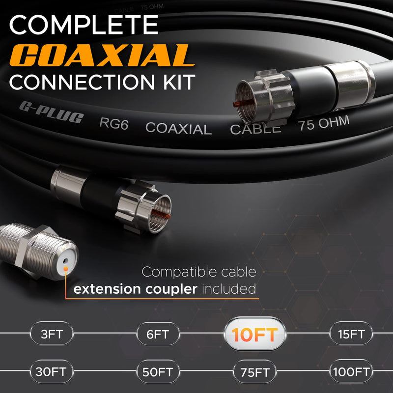G-PLUG 10FT RG6 Coaxial Cable Connectors Set – High-Speed Internet, Broadband and Digital TV Aerial, Satellite Cable Extension – Weather-Sealed Double Rubber O-Ring and Compression Connectors Black 10 FT