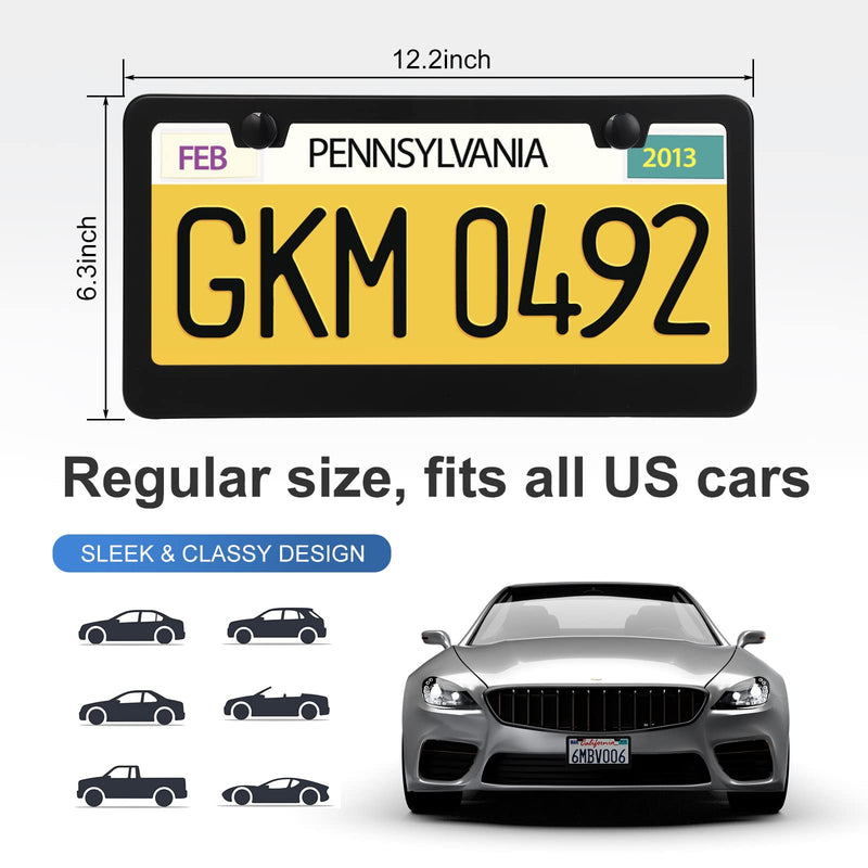 2 Pack License Plate Frames, Stainless Steel Car License Plate Cover Car Accessories with Screw Caps (Black) Black