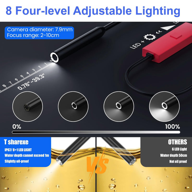 Endoscope Camera with Light, 1920P HD Borescope Camera with Light,Semi-Rigid Inspection Endoscope with 8 Adjustable LED, IP68 Waterproof Drain Scope Camera for for iOS/Android,16.4ft Red
