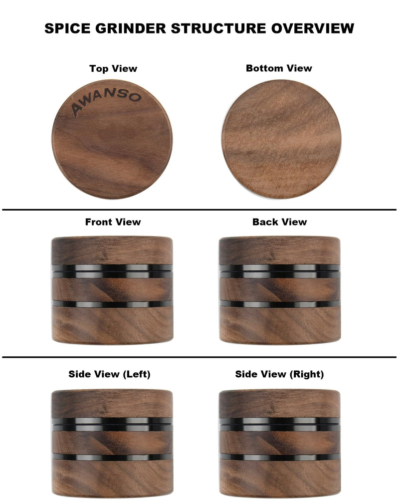 3-Piece Grinder, 2.5" Walnut Wood and Aluminum Grinder for Kitchen Spices Brown 2.5"