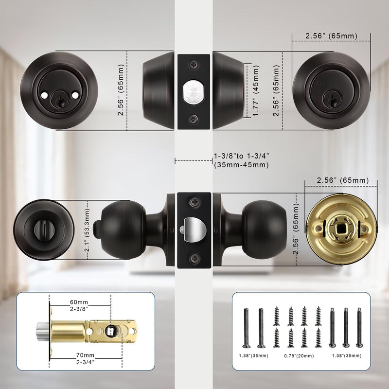 Knobonly Entry Door Knobs and Double Cylinder Deadbolt, Keyed Alike Door Handle Set with Same Keys, Combo Pack for Front Doors-Keyed on Both Side, Oil Rubbed Bronze Finish, Contractor Pack of 3 Set
