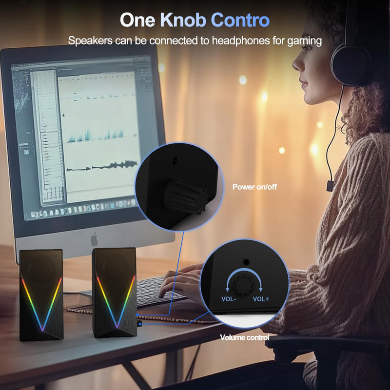 Computer Speakers, Desktop Speakers with 6 Colorful RGB Lights, Headphone Jack, Enhanced Bass and Volume Control, PC Speakers USB Powered & 3.5mm Aux Gaming Speakers for Laptop Monitor PC Tablet Phone