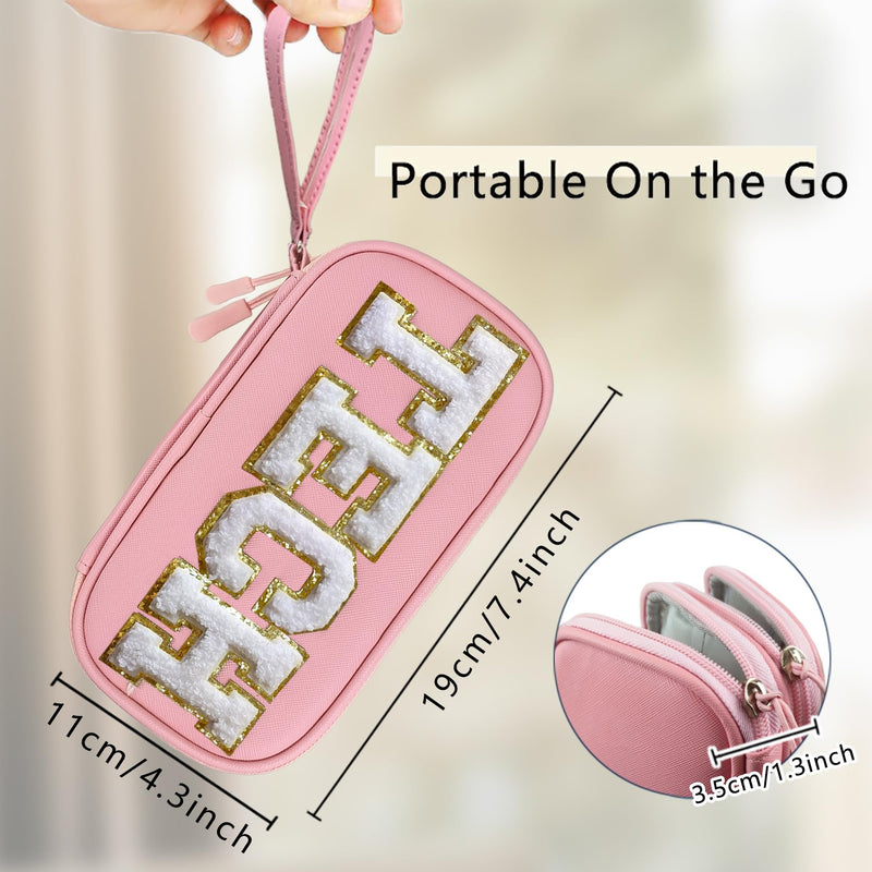 Electronics Organizer Bag Travel with Chenille Letter Patch TECH Traveling Essential Preppy Personalized Gift for Women Cable Cord Charger Storage Case Carrying Pouch (Light Pink) Light Pink