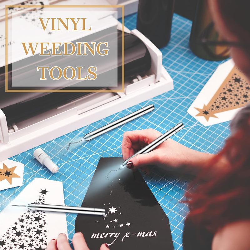 Therwen 3 Pcs Weeding Tools for Vinyl with LED Light Set Pin Pen Weeding Craft Tweezers Tools for Cutting Machines Crafting Accessories Vinyl Paper Iron on Projects Adults(Silver) Silver