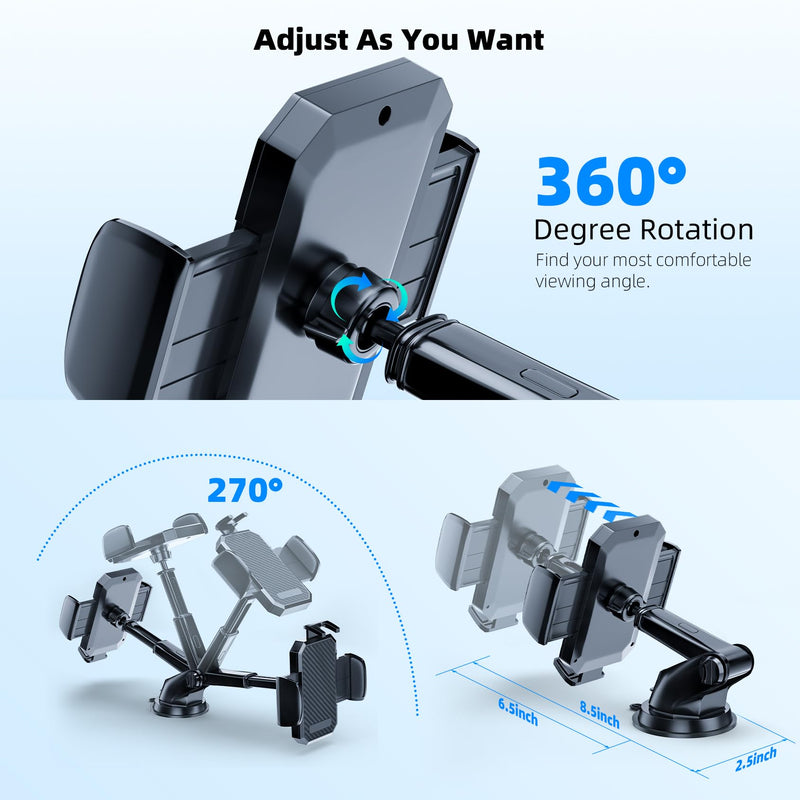 FBB Phone Mount for Car, [ Off-Road Level Suction Cup Protection ] 3in1 Long Arm Suction Cup Holder Universal Cell Phone Holder Mount Dashboard Windshield Vent Compatible with All Smartphones Black