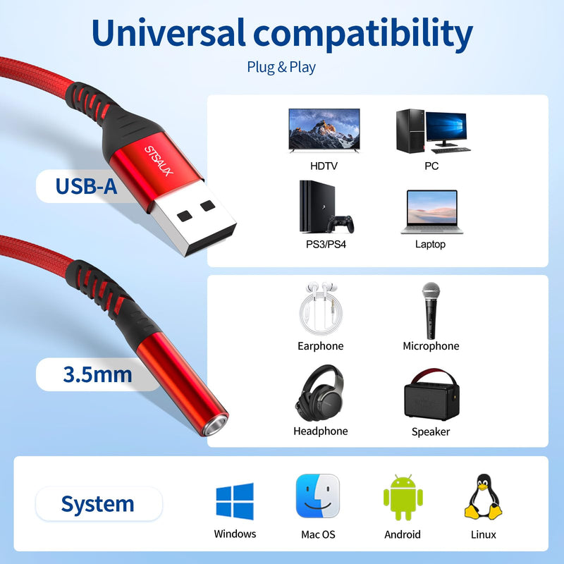 USB to 3.5mm Jack Audio Adapter (2-Pack), External Sound Card Converter，STSAUX USB-A to 3.5mm TRRS 4-Pole Mic Female with PC Windows, Laptop, Mac, Desktops, Linux, Plug and Play No Drivers Needed