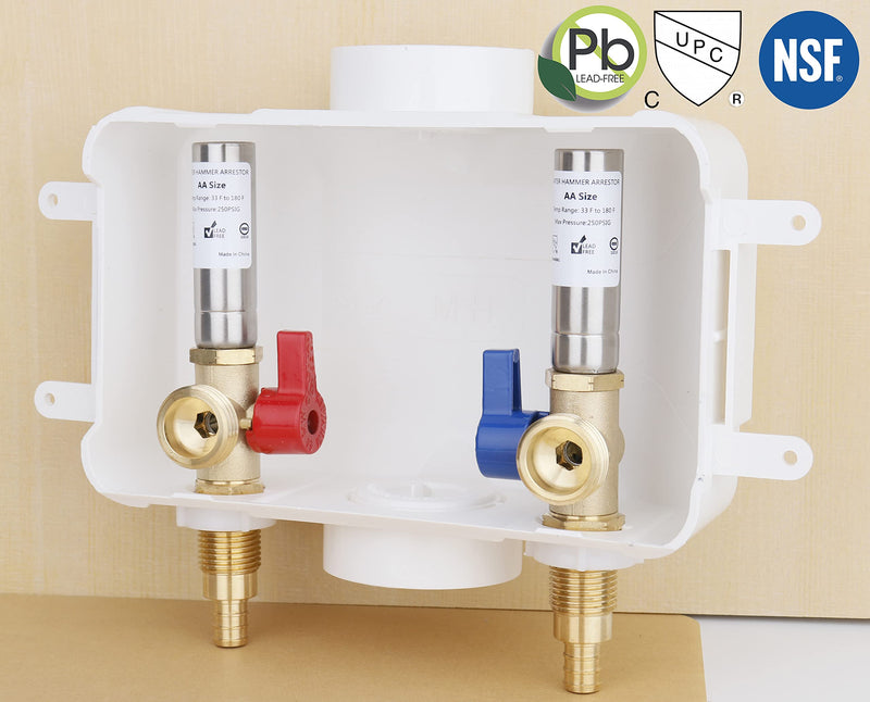 WHK Washing Machine Outlet Box,Pex Laundry Box Washer Wall Box With Drain Recessed Water Valve Box Center Double Drain 1/2-inch Crimp PEX B,PVC White (With Stainless Steel Water Hammer Arrester)