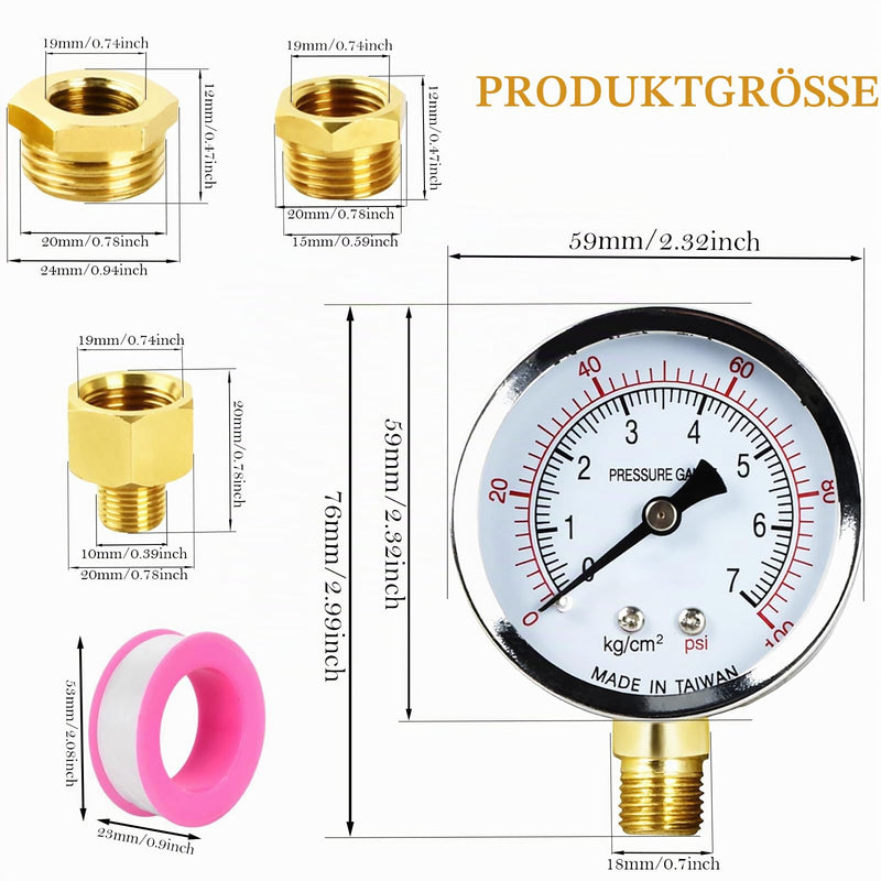Vacuum gauge BSP 1/4 inch, 60 mm well pump pressure gauge, 0-7 bar, 0 ~ 100 psi with 2 pieces socket 1/4 inch to 3/8 inch, 1/4 inch to 1/2 inch, a Teflon tape, for water, oil, air, air and others