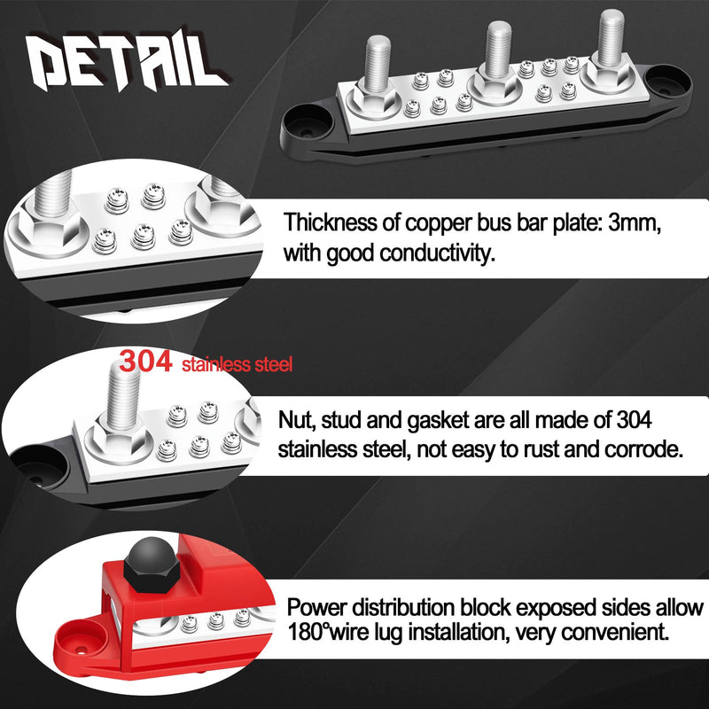 250A Bus Bar 12V Marine 3 x 5/16" (M8) Terminal Studs,10 x #8 (M4) Screw Terminal 12V-48V Power Distribution Block with Cover,with 25PCS Terminal Parts Battery Bus Bar for Boat Automotive Car