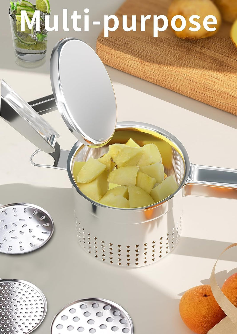 Large 15oz Potato Ricer with 3 Interchangeable Discs, Heavy Duty Stainless Steel Potato Masher with Ergonomic Handle, Masher and Ricer Kitchen Tool for Mashed Potatoes, Noodle Maker PR-2